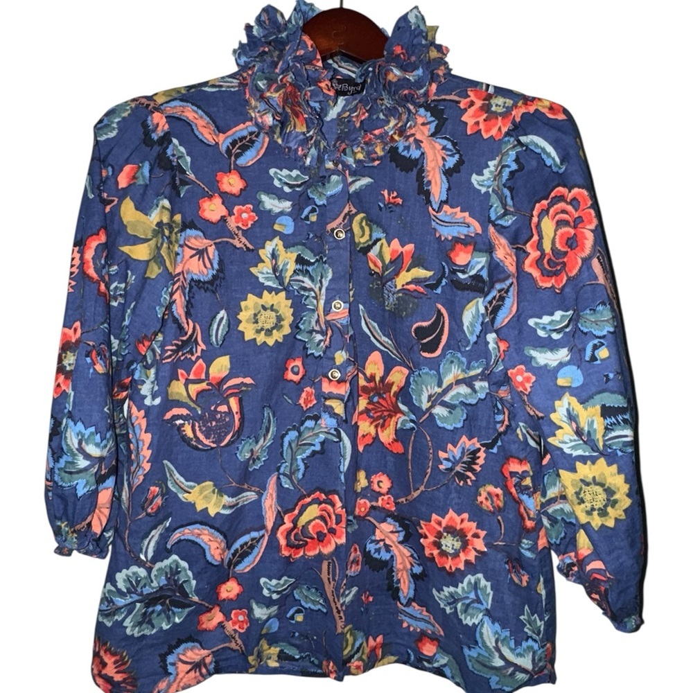 Liza Byrd Floral Ruffle Neck Blouse Blue Multicolor Button Front Size M